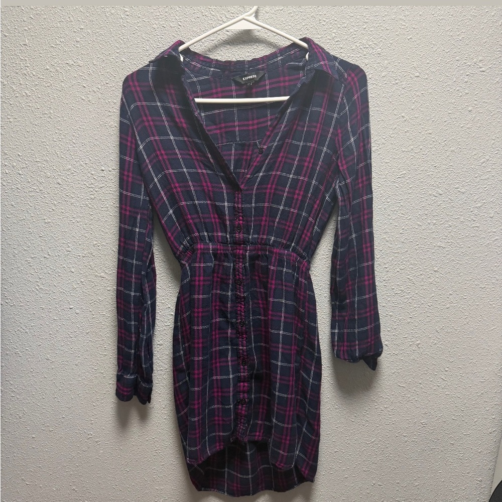 Express Navy and Pink Plaid Long Sleeve Dress